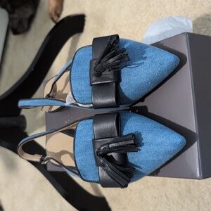 NWT Ann Taylor Denim Tassel Bow Adjustable Slingback Flat